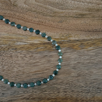jade and cream glass beaded necklace with silver antique clasp