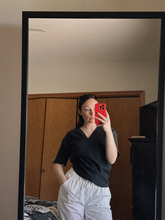 black waffle short sleeve top