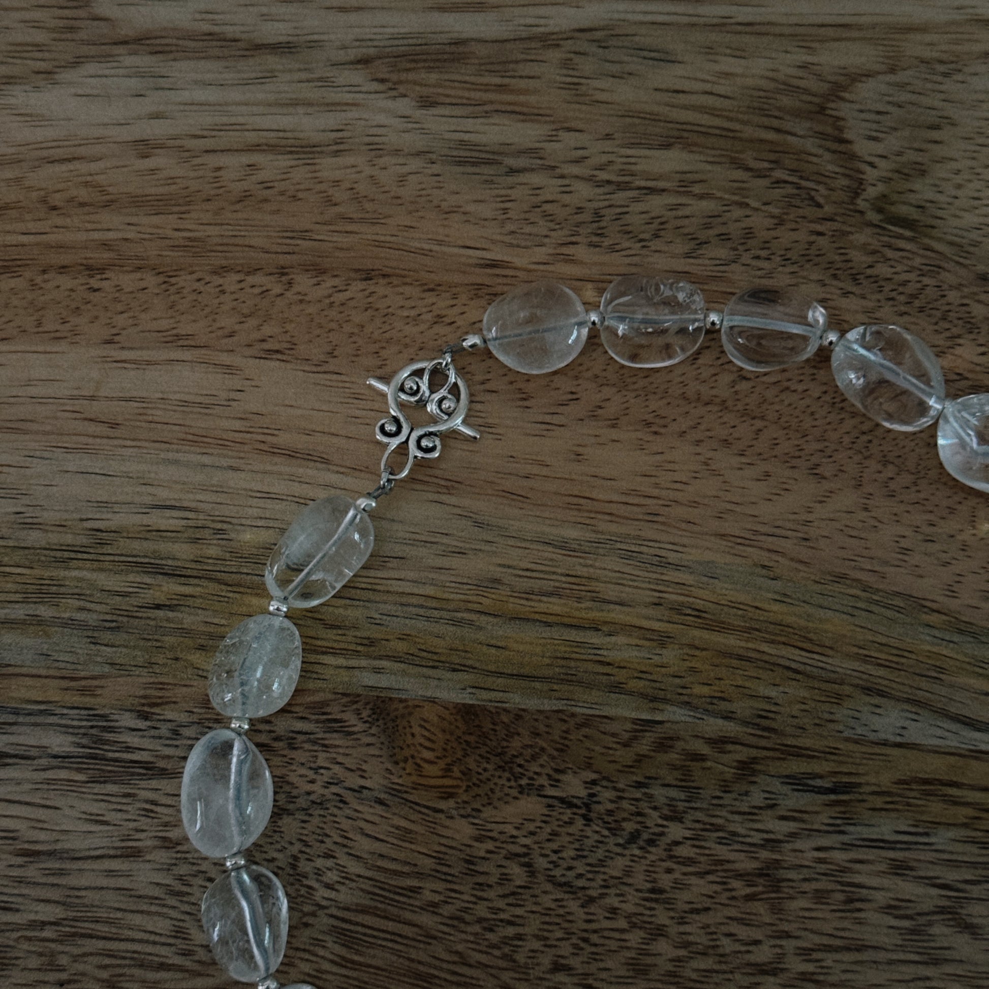 large glass clear beaded necklace with silver antique clasp