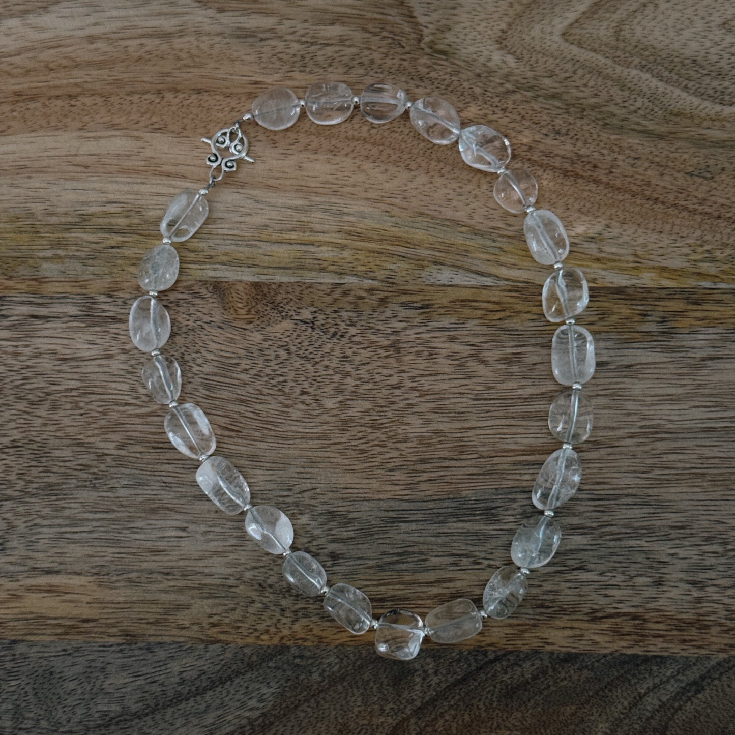 large glass clear beaded necklace with silver antique clasp