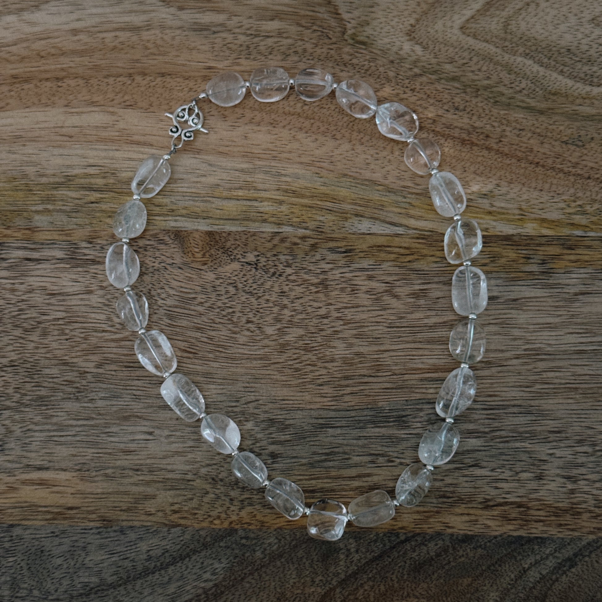 large glass clear beaded necklace with silver antique clasp