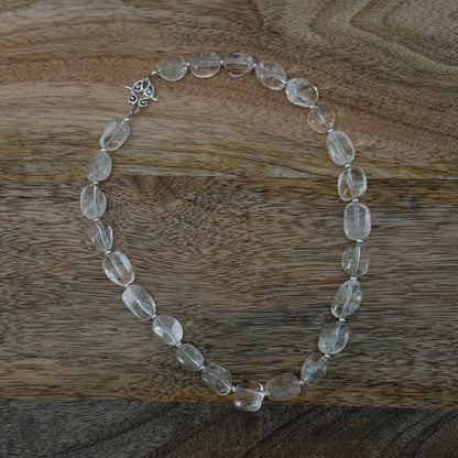 large glass clear beaded necklace with silver antique clasp