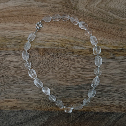 large glass clear beaded necklace with silver antique clasp