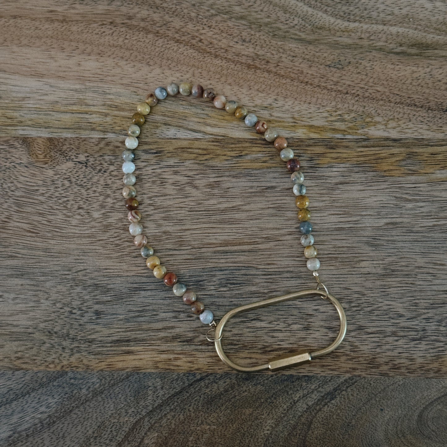 natural agate beaded brass carabiner keychain