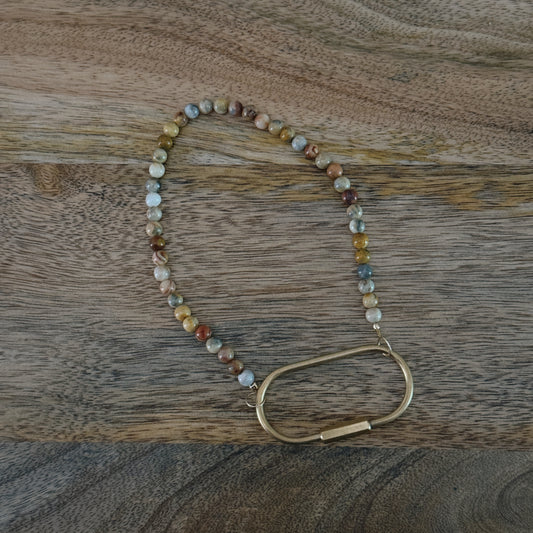 natural agate beaded brass carabiner keychain