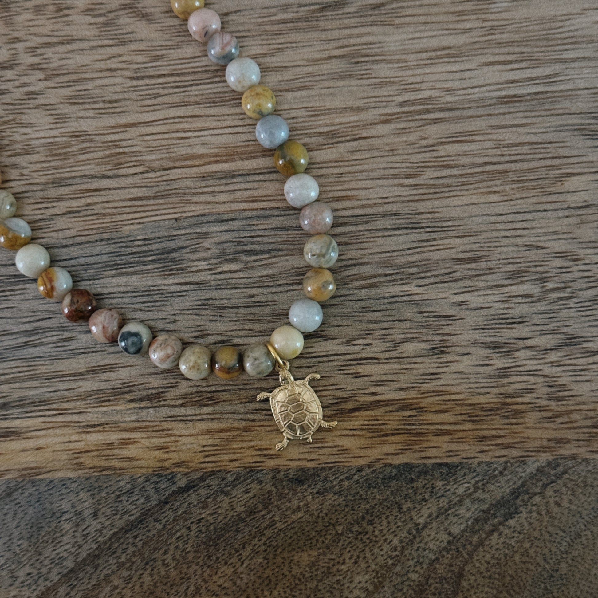 mixed glass beaded necklaces with brass turtle charm and 18k gold filled lobster clasp