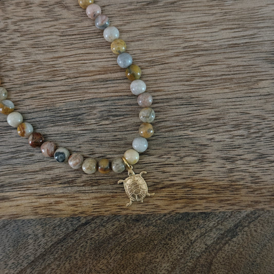 mixed glass beaded necklaces with brass turtle charm and 18k gold filled lobster clasp