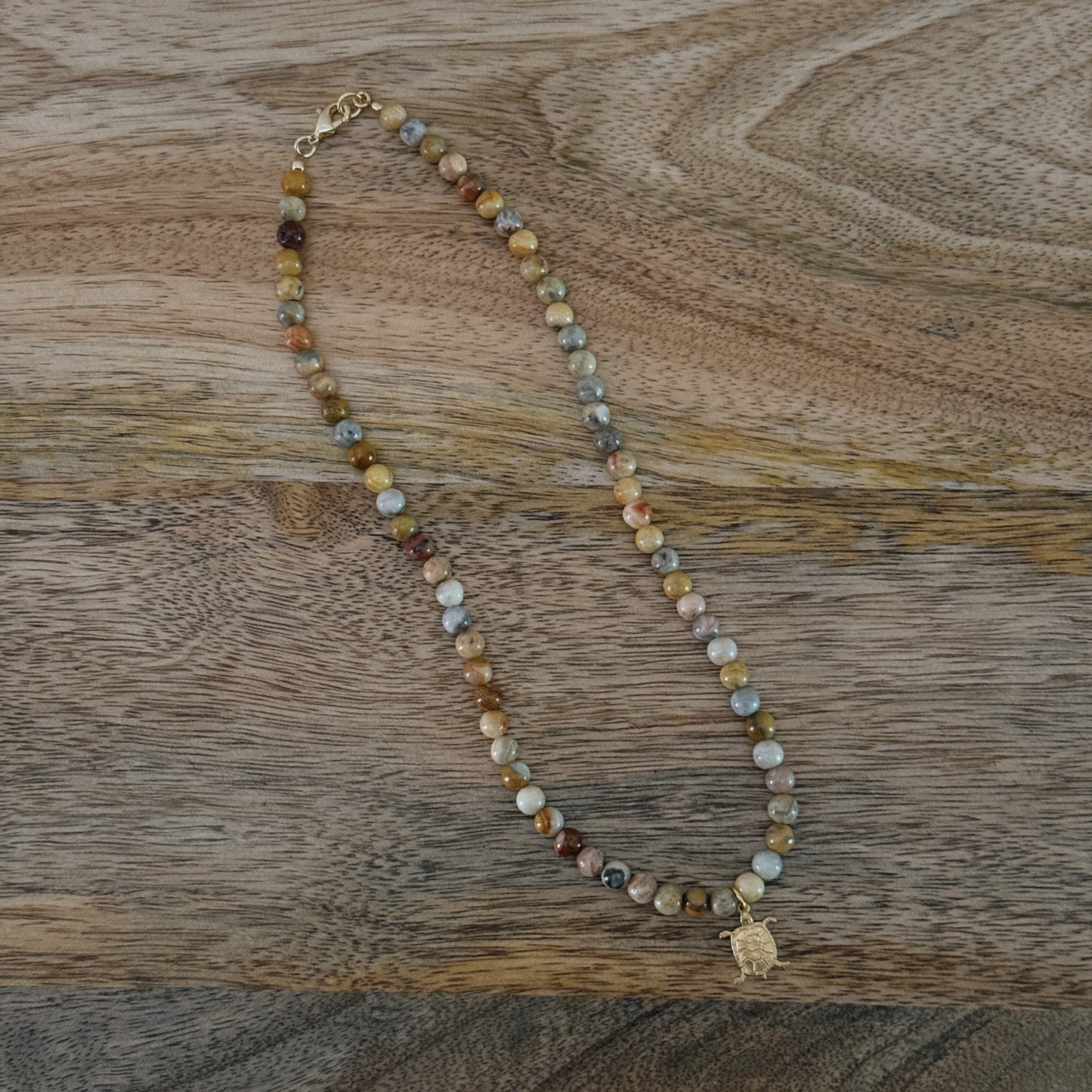 mixed glass beaded necklaces with brass turtle charm and 18k gold filled lobster clasp