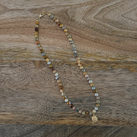 mixed glass beaded necklaces with brass turtle charm and 18k gold filled lobster clasp