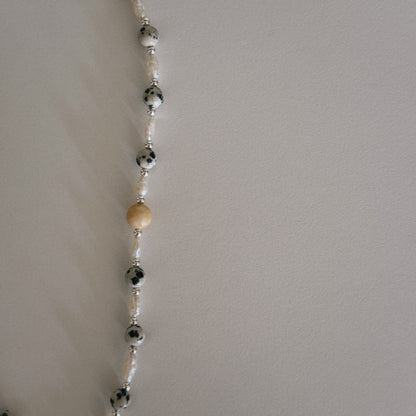 dalmation & pearl beaded necklace with oyster pendant