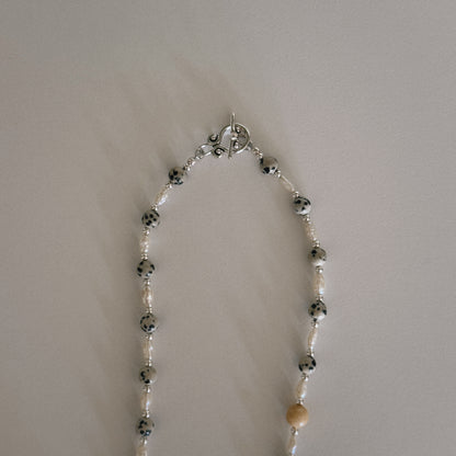 dalmation & pearl beaded necklace with oyster pendant