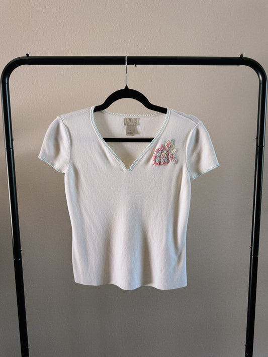 white v neck tee with embroidered detail