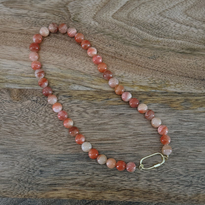 bright pink glass beaded necklace with 18k gold filled carabiner