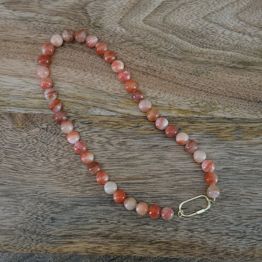 bright pink glass beaded necklace with 18k gold filled carabiner