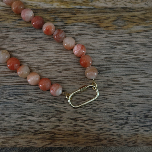 bright pink glass beaded necklace with 18k gold filled carabiner