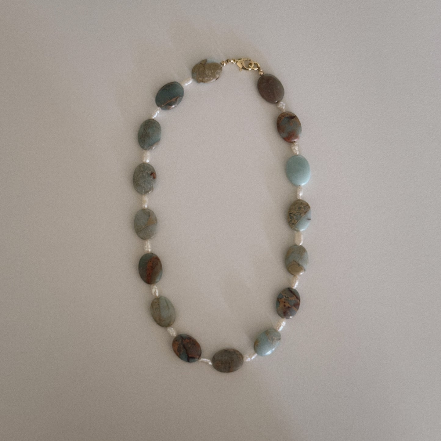 flat aqua jasper & pearl beaded necklace