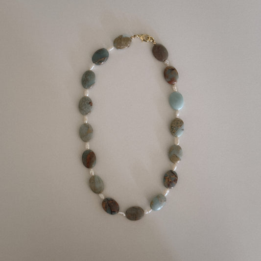 flat aqua jasper & pearl beaded necklace