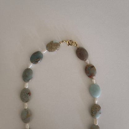 flat aqua jasper & pearl beaded necklace