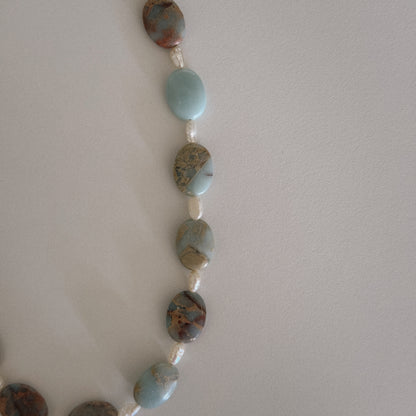 flat aqua jasper & pearl beaded necklace