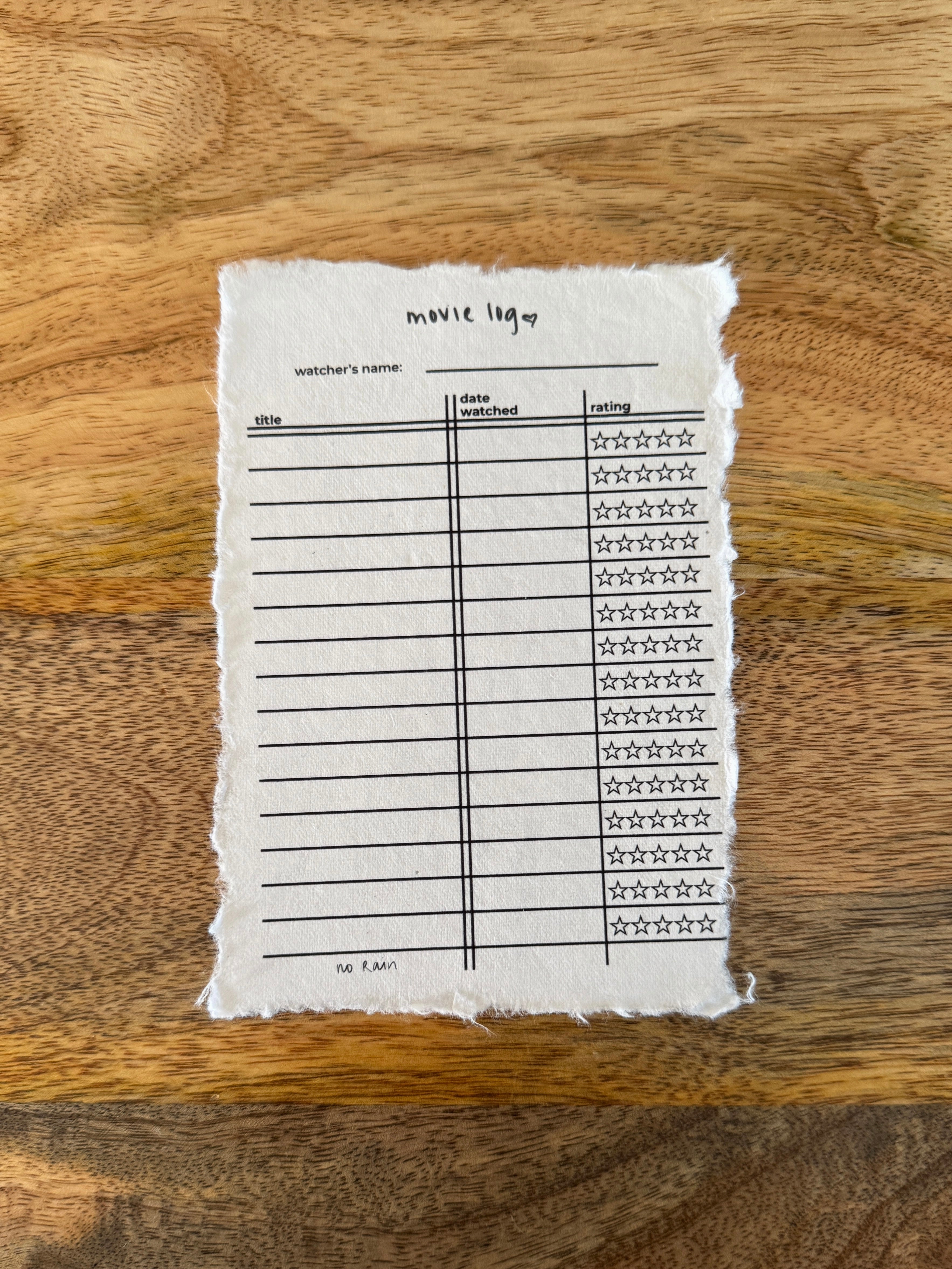 movie log card – No Rain LLC
