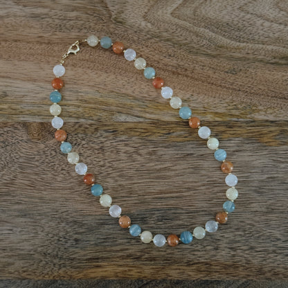 multi color glass beaded necklace with 18k gold filled spacer beads and lobster clasp