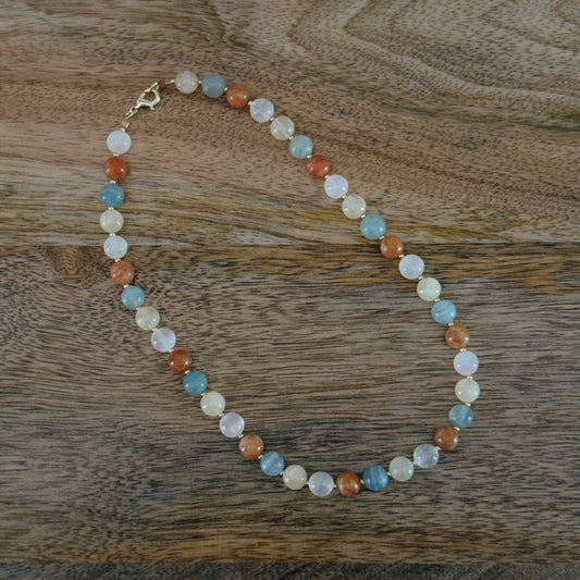 multi color glass beaded necklace with 18k gold filled spacer beads and lobster clasp