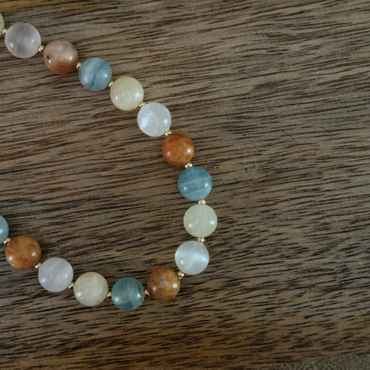 multi color glass beaded necklace with 18k gold filled spacer beads and lobster clasp