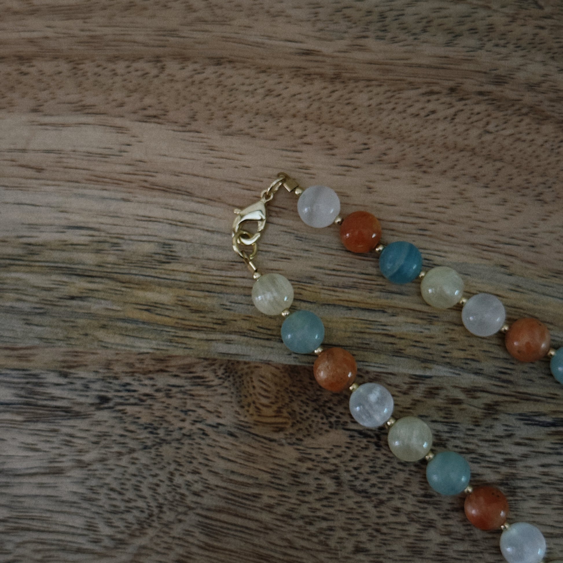 multi color glass beaded necklace with 18k gold filled spacer beads and lobster clasp