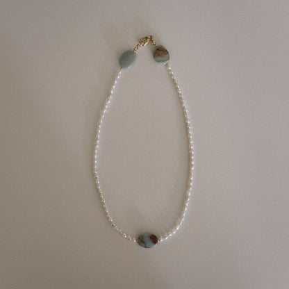 pearl & aqua jasper beaded necklace
