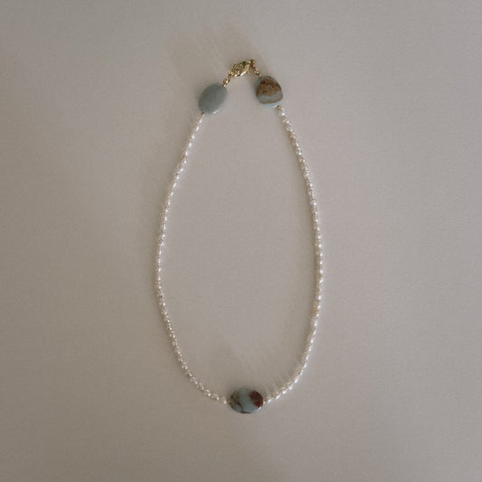 pearl & aqua jasper beaded necklace