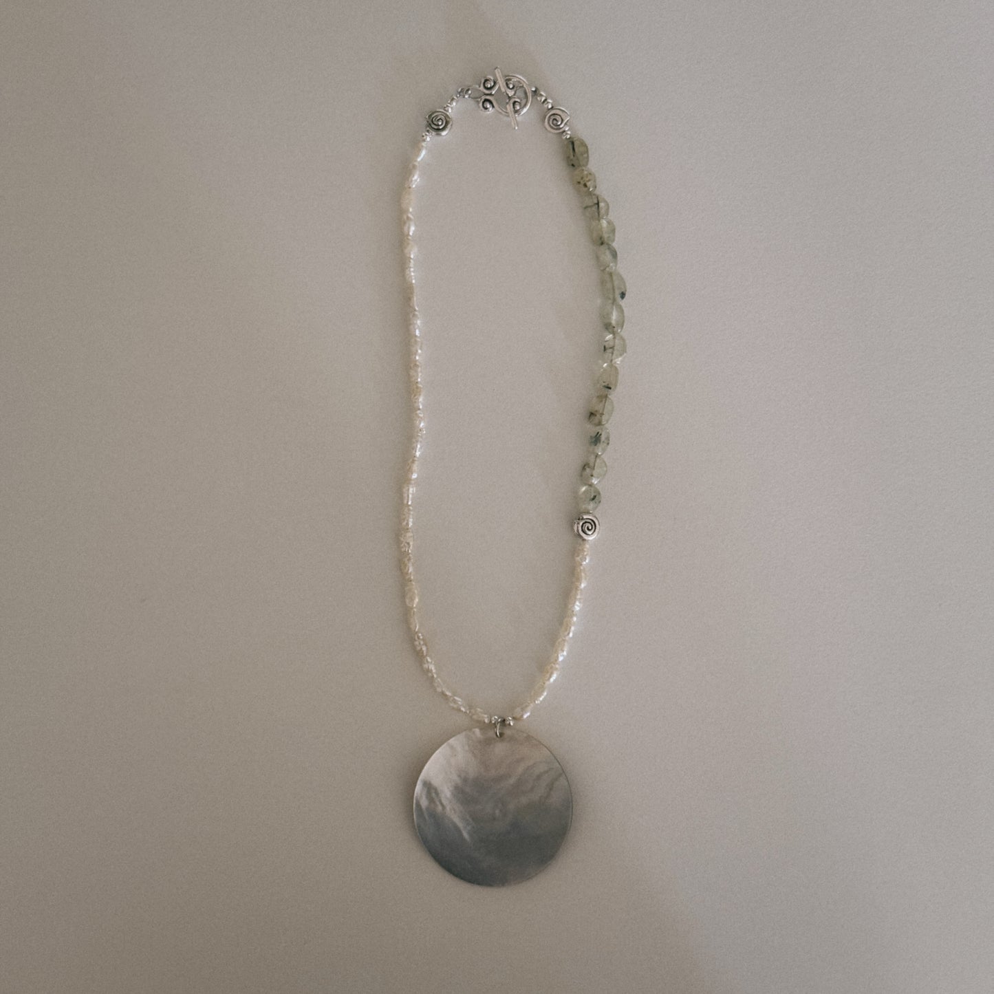 pearl & moss beaded necklace with mother of pearl shell