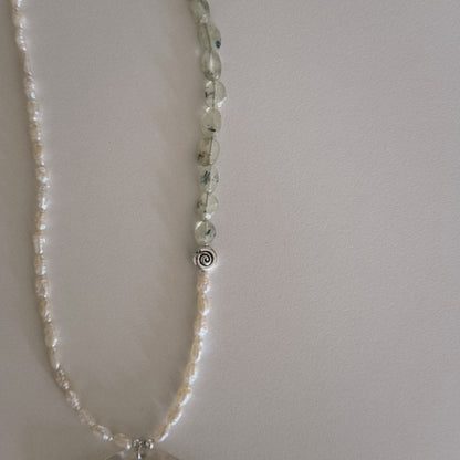 pearl & moss beaded necklace with mother of pearl shell