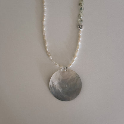 pearl & moss beaded necklace with mother of pearl shell