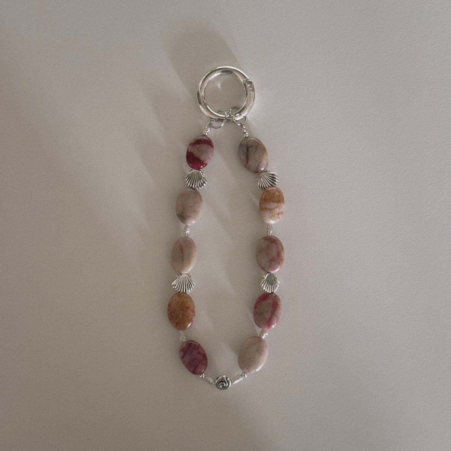 pink jade, pearl, shell & spiral keychain