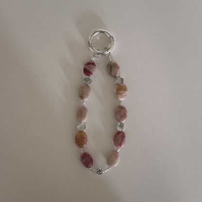 pink jade, pearl, shell & spiral keychain