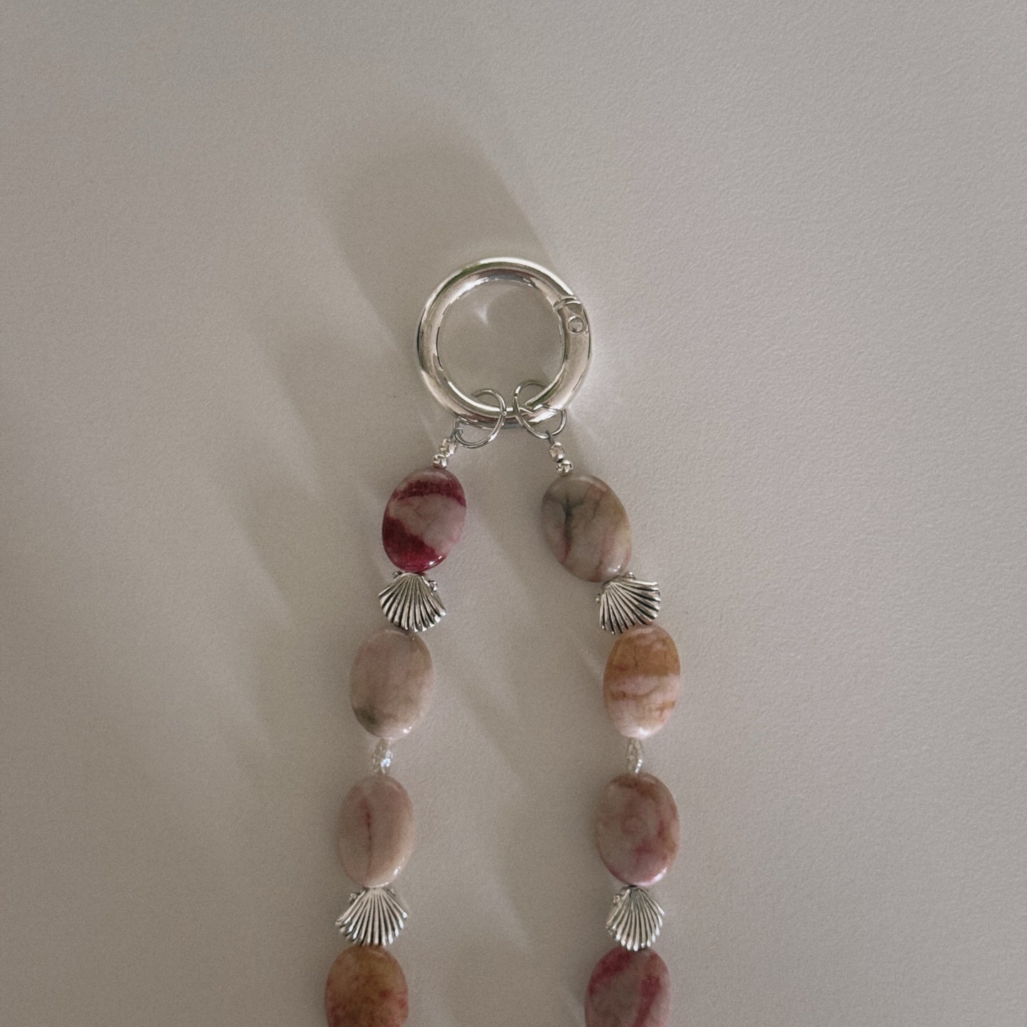 pink jade, pearl, shell & spiral keychain