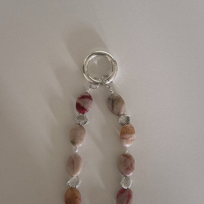 pink jade, pearl, shell & spiral keychain