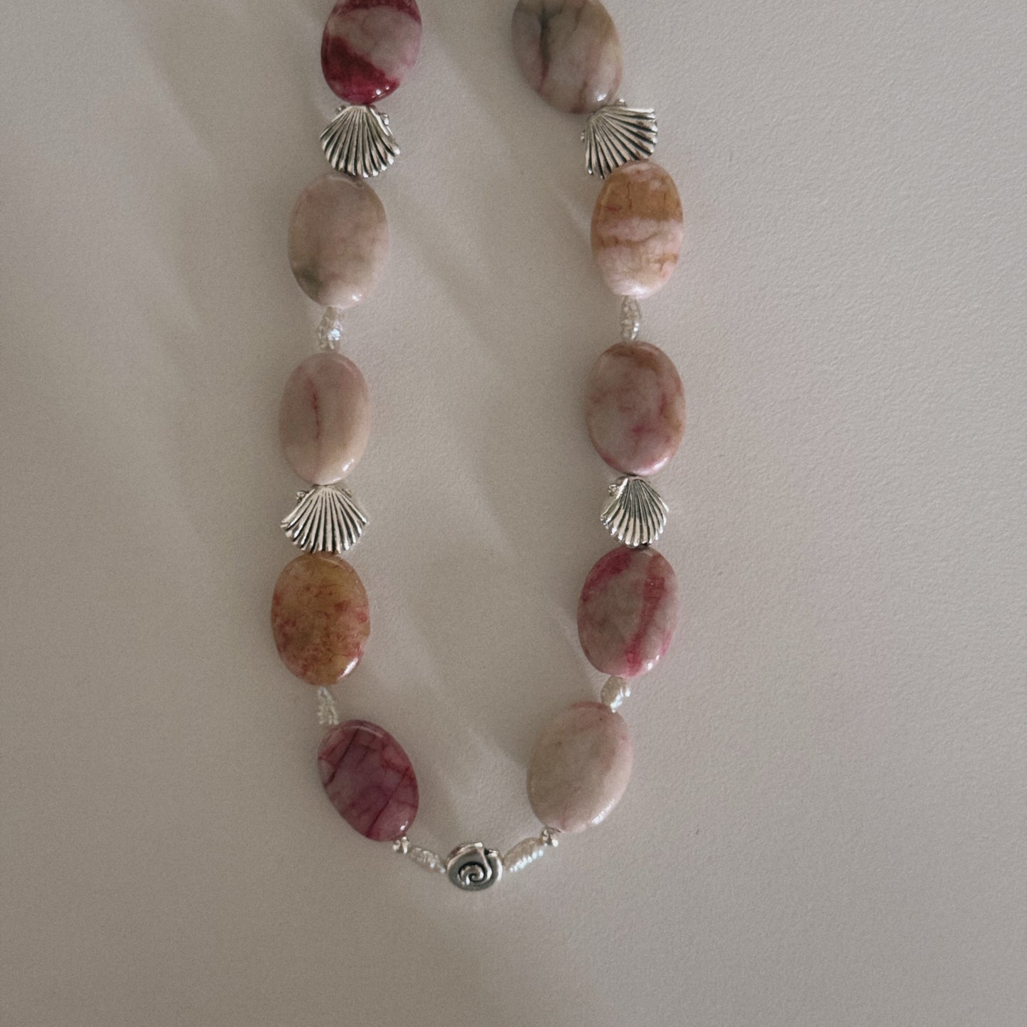 pink jade, pearl, shell & spiral keychain