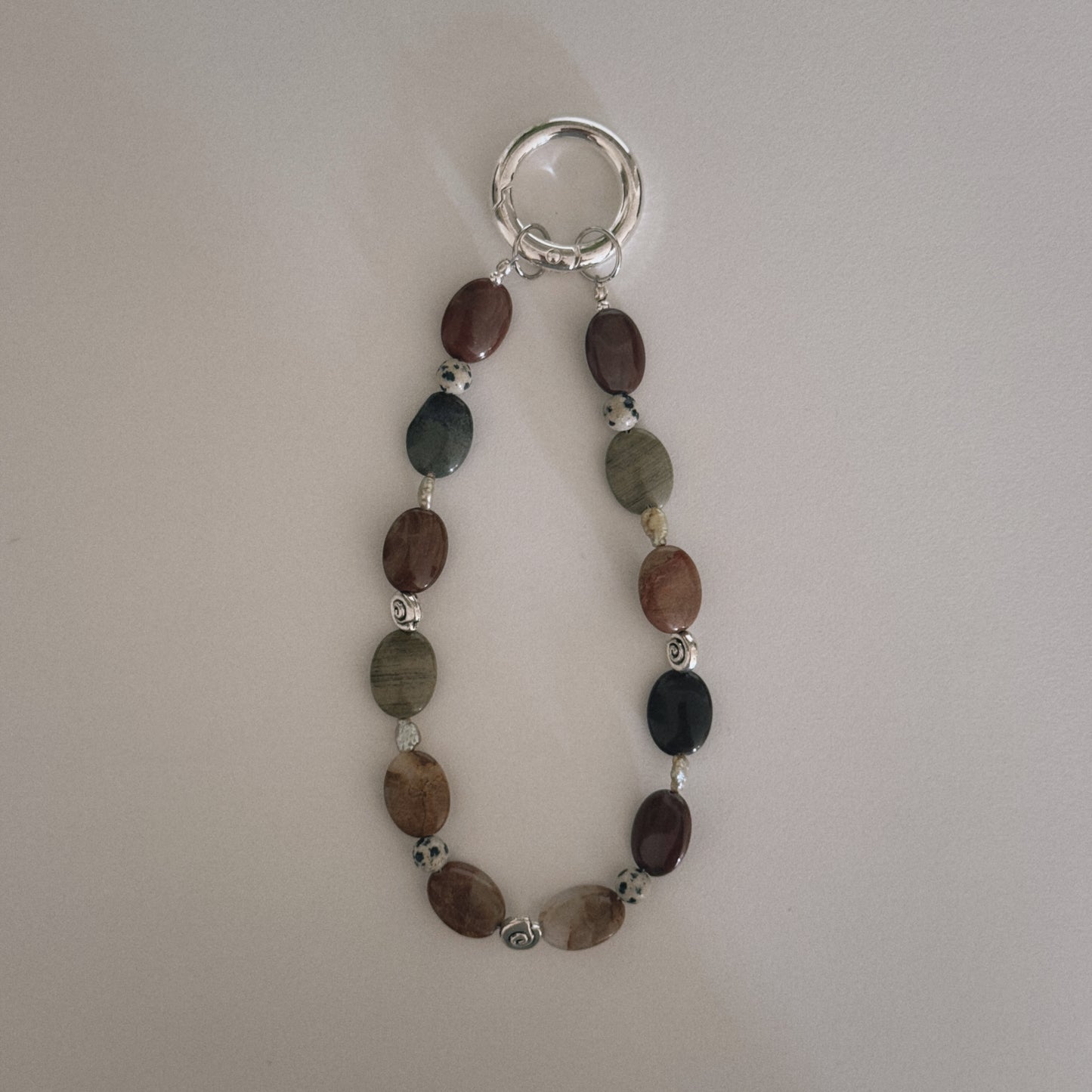red jasper, dalmation, pearl & spiral keychain