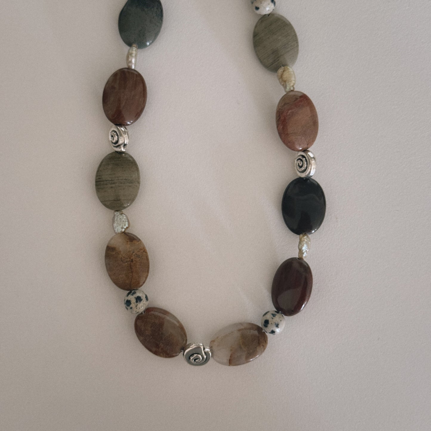 red jasper, dalmation, pearl & spiral keychain