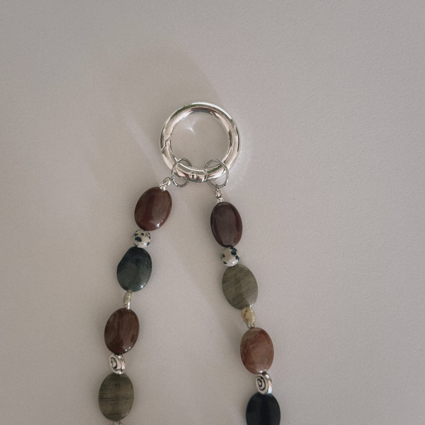 red jasper, dalmation, pearl & spiral keychain