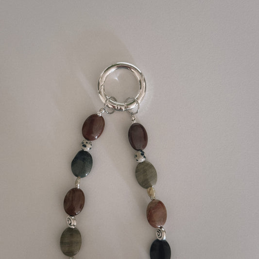 red jasper, dalmation, pearl & spiral keychain
