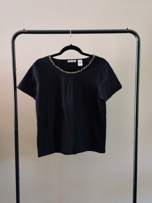 black tee with neckline detail
