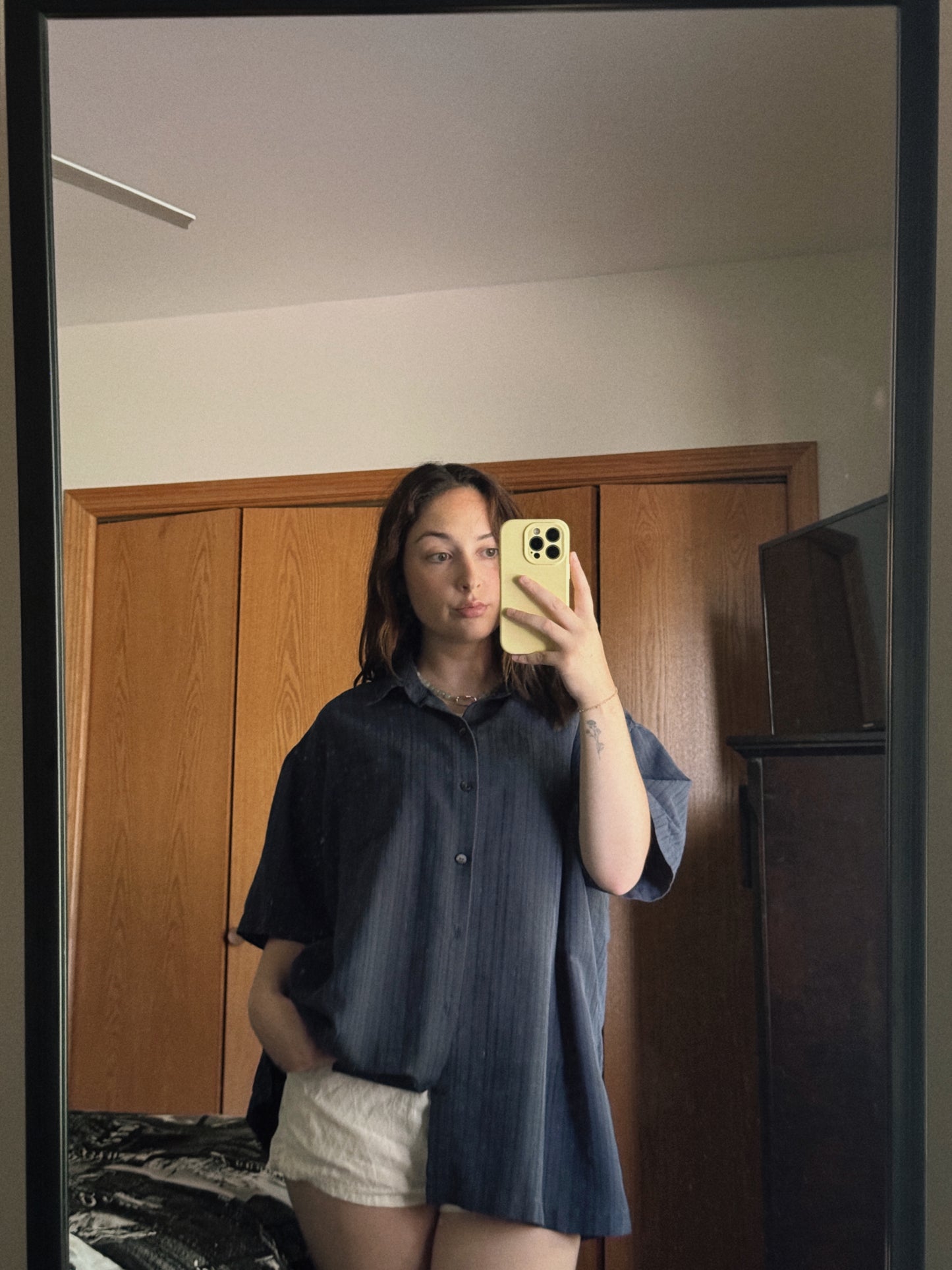 blue short sleeve button down shirt