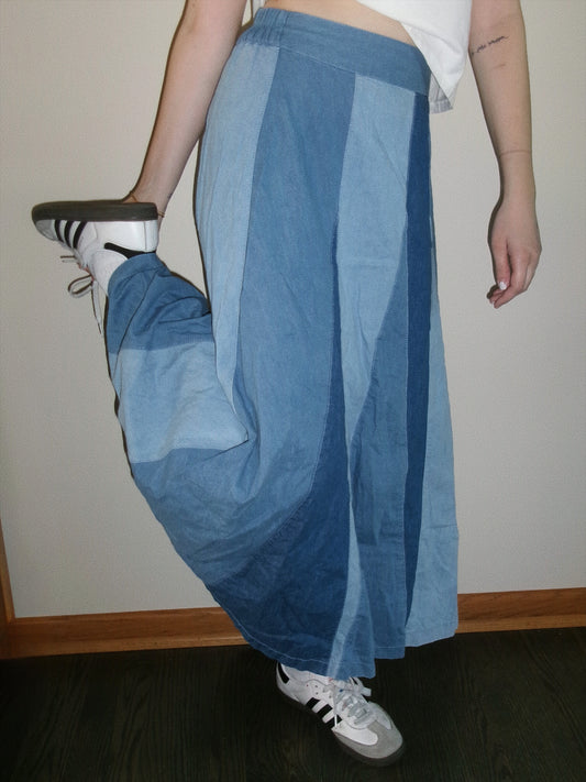 vintage paneled denim maxi skirt