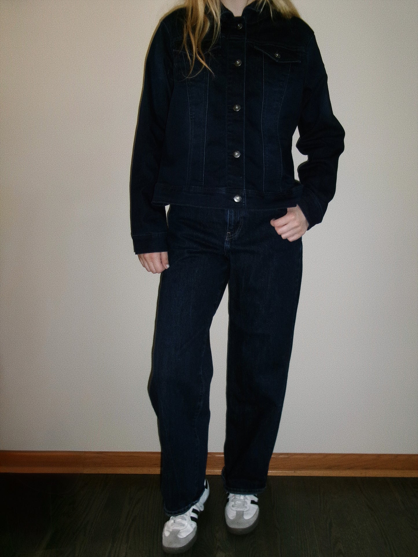vintage dark wash denim top full denim outfit