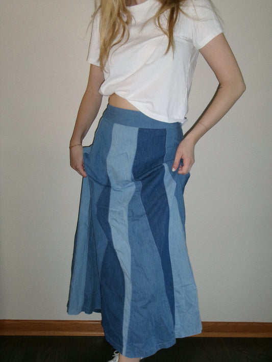 vintage paneled denim maxi skirt full outfit