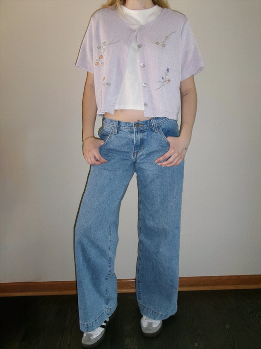 light purple floral short sleeve cardigan