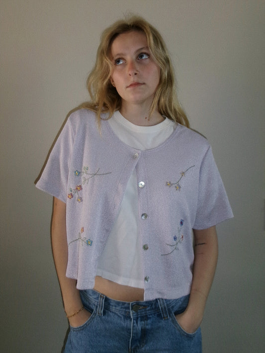 light purple floral short sleeve cardigan