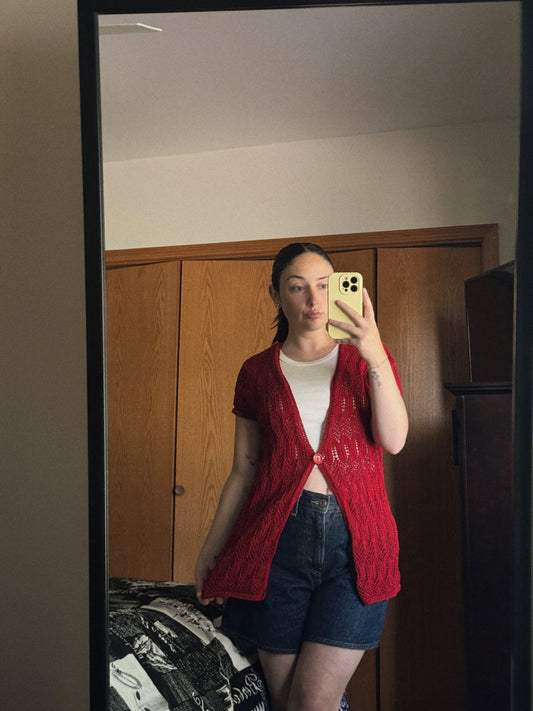 red knit short sleeve cardigan
